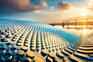 the sun is setting over a large body of water. AI-Generated photo