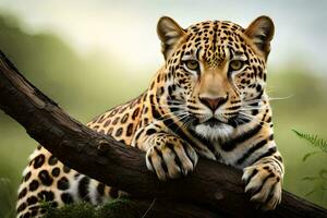 a leopard is sitting on a branch in the wild. AI-Generated photo