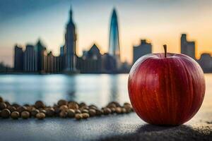 an apple and a cityscape. AI-Generated photo