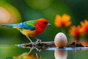 a colorful bird stands on a log in front of an egg. AI-Generated photo