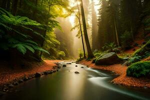 a stream runs through a forest with trees and rocks. AI-Generated photo