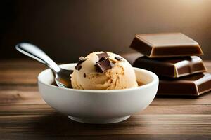 chocolate ice cream in a bowl with chocolate bars. AI-Generated photo