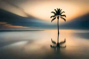 un solitario palma árbol soportes en el medio de un cuerpo de agua. generado por ai foto