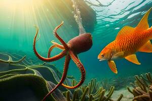 an octopus and a fish swimming in the ocean. AI-Generated photo