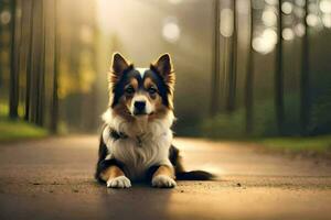 un perro sentado en el la carretera en el bosque. generado por ai foto