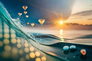 a wave with diamonds floating in the water. AI-Generated photo