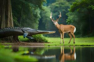 a deer and an alligator standing next to a pond. AI-Generated photo