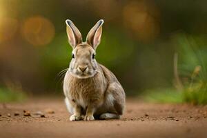 a rabbit sitting on the ground in front of a blurry background. AI-Generated photo