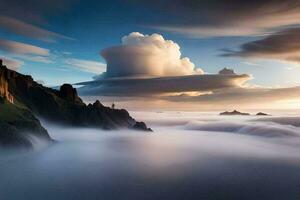 a cloud over the ocean with rocks and mountains in the background. AI-Generated photo