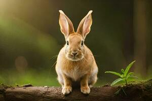 a rabbit is sitting on a log in the woods. AI-Generated photo