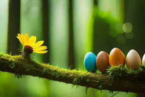 colorful eggs on a branch in the forest. AI-Generated photo
