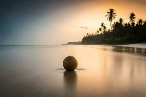 a coconut ball sits on the beach at sunset. AI-Generated photo