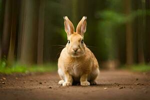 a rabbit sitting on the ground in a forest. AI-Generated photo