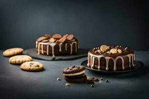 chocolate cake with cookies and chocolate chips. AI-Generated photo