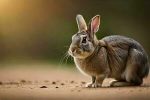 a rabbit is sitting on the ground in front of a blurry background. AI-Generated photo