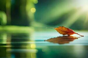 a leaf floating on the water in front of a green background. AI-Generated photo