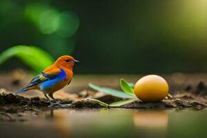 a bird is standing next to an egg. AI-Generated photo