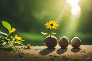 Tres huevos con un flor en el medio. generado por ai foto