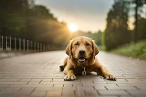 a dog laying on the ground in front of a sunset. AI-Generated photo