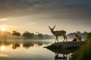 two deer stand on a rock overlooking a lake. AI-Generated photo