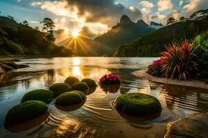 sunset over a lake with mossy rocks and flowers. AI-Generated photo