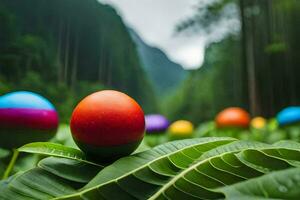 colorful eggs are sitting on a green leaf. AI-Generated photo