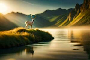 a deer stands on the edge of a lake in the mountains. AI-Generated photo