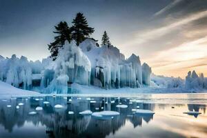 ice formations on the water at sunset. AI-Generated photo