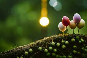 colorful eggs on a mossy branch. AI-Generated photo