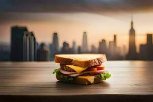 the city skyline is the backdrop for a sandwich. AI-Generated photo