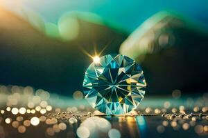 un diamante es mostrado en un mesa con un ligero brillante en él. generado por ai foto