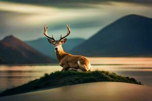 a deer sits on a small island in front of a lake. AI-Generated photo