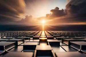 the sun is setting over a field of metal blocks. AI-Generated photo