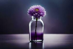 purple flower in a glass bottle on a table. AI-Generated photo