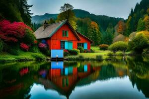 a colorful house sits on the edge of a lake. AI-Generated photo