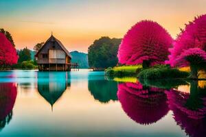 a lake with pink trees and a house in the background. AI-Generated photo