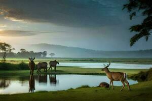 photo wallpaper the sky, water, animals, deer, the river, the sun, the animals. AI-Generated