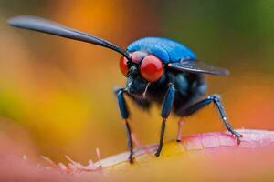 a blue and red insect with red eyes. AI-Generated photo