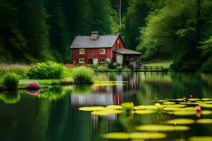 a red house sits on the edge of a pond surrounded by water lilies. AI-Generated photo