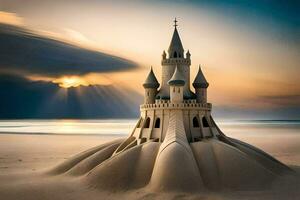 a castle made out of sand on the beach. AI-Generated photo