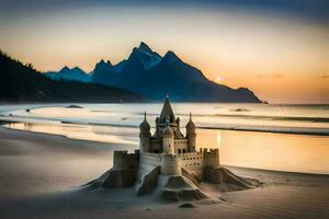 un arena castillo en el playa a puesta de sol. generado por ai foto