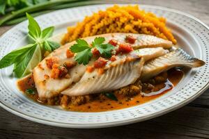 a plate of fish with sauce and vegetables. AI-Generated photo