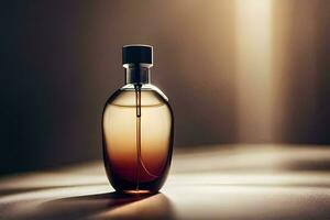 a bottle of perfume sitting on a table. AI-Generated photo