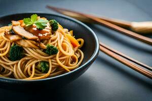 chinese noodles with mushrooms and broccoli in a bowl. AI-Generated photo