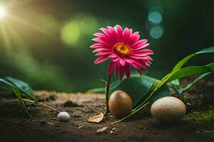 photo wallpaper the sun, flowers, plants, eggs, the ground, the sun, the flowers. AI-Generated