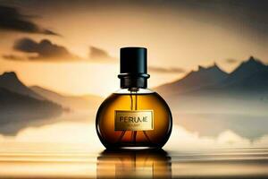 a bottle of perfume sitting on a lake with mountains in the background. AI-Generated photo