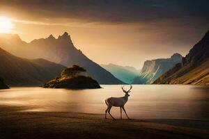 a deer stands in front of a lake at sunset. AI-Generated photo