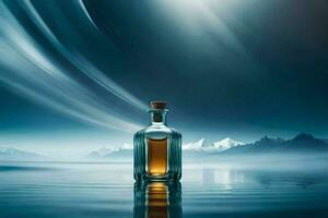 a bottle of whisky on the water with mountains in the background. AI-Generated photo