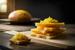 a piece of cheese on a cutting board with an orange. AI-Generated photo