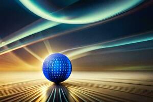 a blue ball on a table with a light trail. AI-Generated photo